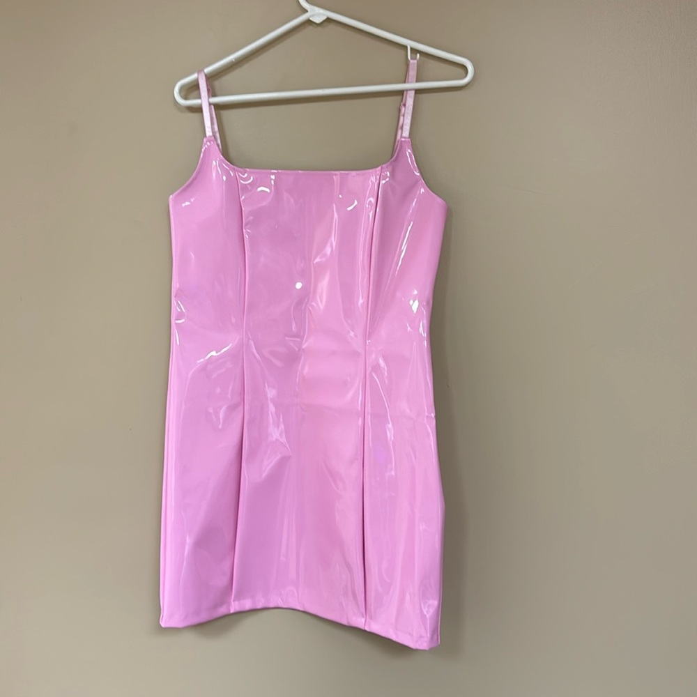 PrettyLittleThing pink faux leather mini dress new with tags US size 8